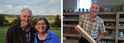 Deux photos côte à côte. Celui de Pieter et Geraldine, propriétaires de Birchtree Gallery et Island Potato Soap, debout dans un champ et souriant. L'autre de Pieter tenant une colonne de savon à la pomme de terre non coupée.