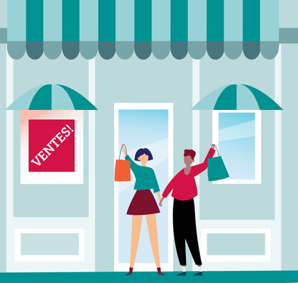 Deux client devant une petite entreprise avec le mot Ventes écrit sur la vitrine